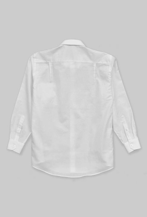 camicia bianca stile classico Oxford con uno smile nero stampato sul davanti circondato dalla scritta Life Without Gravity dettaglio del retro camicia