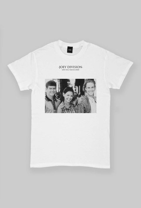maglietta bianca con i personaggi della serie televisiva Dawson's Creek e il logo della band joy division