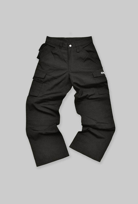  pantalone nero modello da lavoro in teflon con tasche sulle cosce e sul lato con stampato il logo taboo sulla tasca laterale