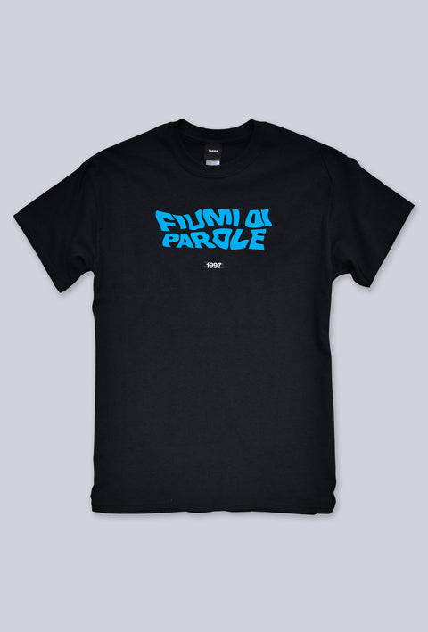 T-Shirt nera con scritto "Fiumi di Parole" brano dei Jalisse nello stile grafico dell'album nevermid dei Nirvana